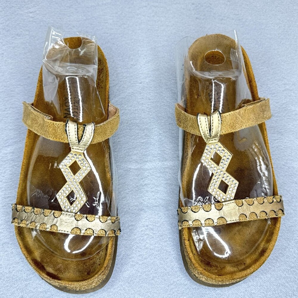 NAOT Aspen Leather Sandals Wedge Cork Gold Metallic Rhinestones EU 38 US 7 - 7.5